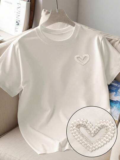 Resyla Women's Summer Casual White Short Sleeve T-Shirt With Faux Pearl & Hot-Fix Heart Decoration
