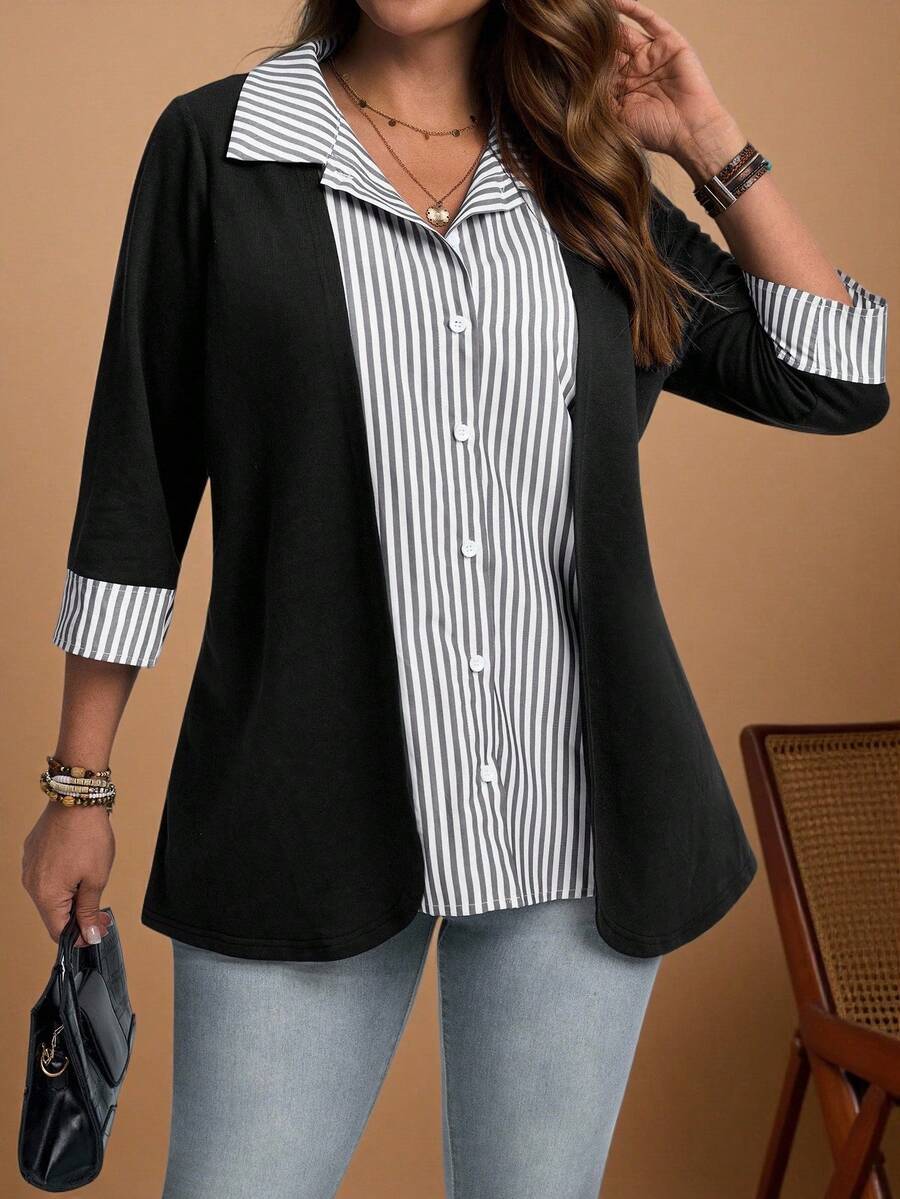 EMERY ROSE Damen Große Größen gestreiftes Lässig Hemd mit 3/4 Ärmeln - Schwarz - Übersicht 1