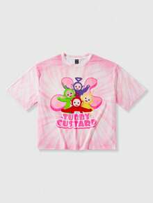 Teletubbies X ROMWE 男士休闲扎染卡通图案圆领短袖T恤，夏季 - 粉色 - 查看 1