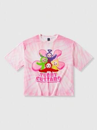 Teletubbies X ROMWE T-shirt à manches courtes col rond, motif dessin animé tie-dye, style décontracté, pour homme, été