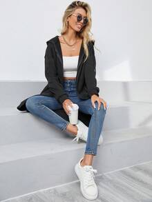 INAWLY Women's Solid Color Drop Shoulder Long Sleeve Zip Front Pocket Drawstring Hooded Long Sweatshirt - Black - View 5