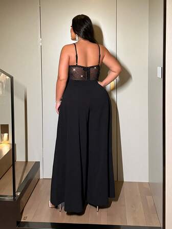 NU&NOW Plus Size Women's Sexy Party Spaghetti Strap Shiny Elastic Mesh Wide Leg Jumpsuit, Black