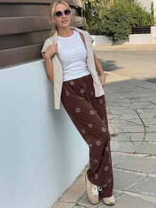 Vivie Lora Women's Geometric Print Loose Wide Leg Pants - Brown - View 2