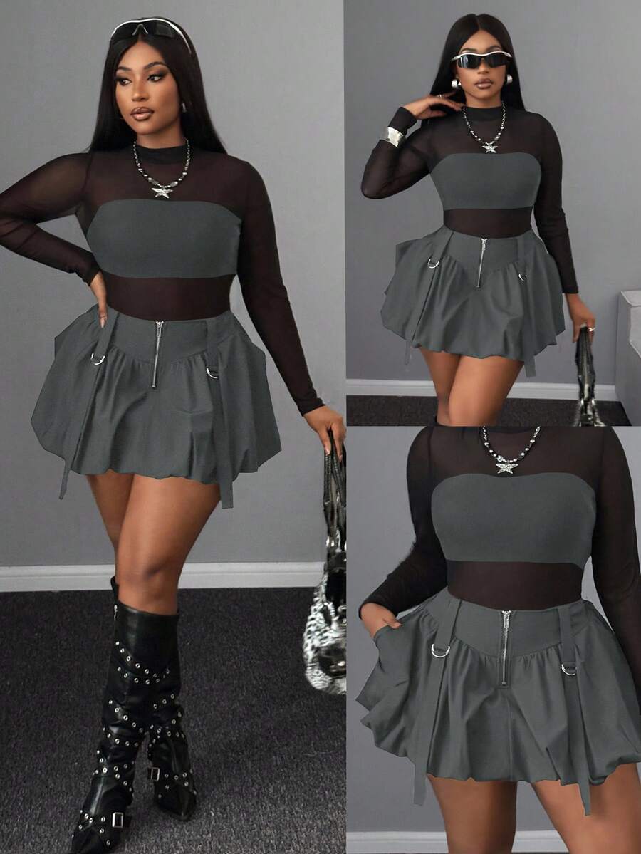 Maweii Plus Size Women Casual Ruffle Hem Solid Color Zipper Closure Mini Skirt, Suitable For Work And Daily Wear, Autumn/Winter - Grey - View 1