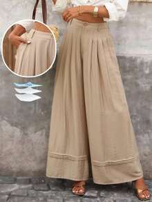 Brillora 女式纯色高腰褶皱阔腿宽松裤 - 杏色 - 查看 8