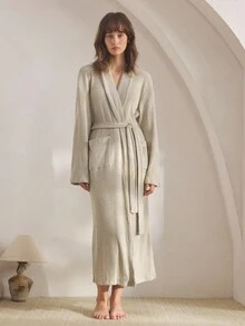 Ocili Leisure Minimalist Soft Waffle Knit Shawl Collar Belted Robe, Comfortable Women Sleepwear Loungewear, Autumn/Winter, Fall, Cozy Outfit