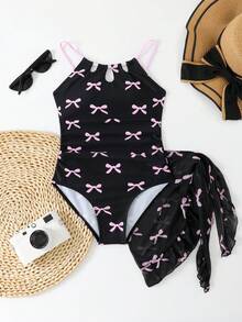 SHEIN Girls Big Kids (8-14 Years) Black Pink Bow Print One-Piece Swim Dress Ruffled Skirt Cutout Bathing Suit Quick Dry Stretch Swimwear Sets For Beach Pool Vacation - Multicolor - View 3