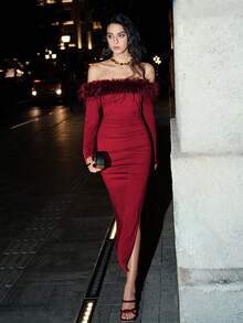 SHEIN LUNE Women's Elegant Fashion Holiday Party Evening Cocktail Date Night Dress With Shiny Waist Twist Ruched Flounce Decor Bodycon Slim Fit Long Sleeve - Burgundy - View 7