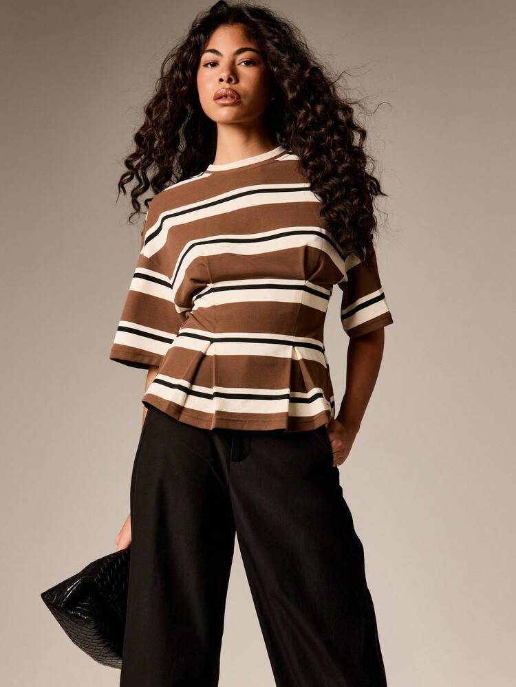Striped Cinch Waist Crew Neck Tee