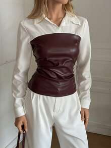 Blusa ajustada de manga larga con parches de piel sintética para mujer - Multicolor - Ver 5