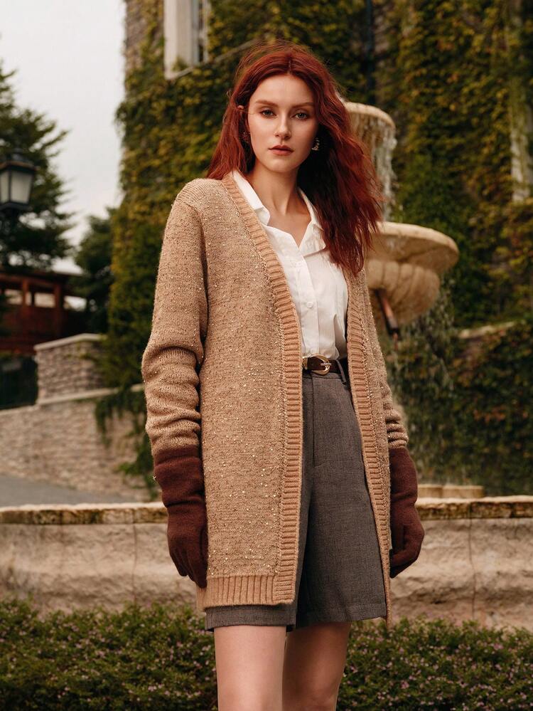 ELEGANT BEADED MIDI CARDIGAN WITH BELT, SUITABLE FOR AUTUMN/WINTER PARTY