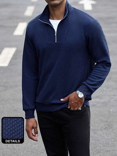 Manfinity CasualCool 男士休闲纯色套头卫衣，秋季四分之一拉链蓝色卫衣，长袖上衣