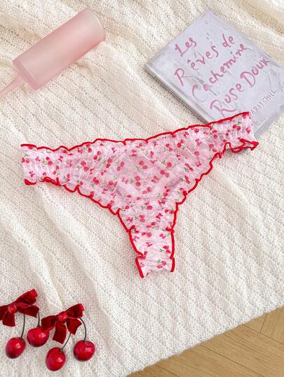 PetitDoll 1件粉色樱桃蕾丝系列丁字裤，适合年轻女性