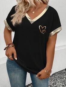EMERY ROSE Plus Size V-Neck Short Sleeve T-Shirt With Gold Trim, Black Fabric, And Front Gold Heart Print - Black - View 5