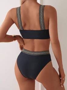 SHEIN Swim Summer Sexy V-Neck Bikini Top And Triangle Bottom Set, Suitable For Beach And Swimming Pool,Summer Beach - Black - View 2