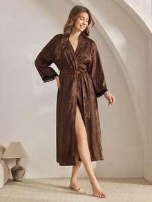 Ocili Satin Jacquard Simple Comfortable Draping Satin Paisley Cashew Flower Comfortable Robe With Slit, Women Sleepwear Robe, Winter - Khaki - View 6
