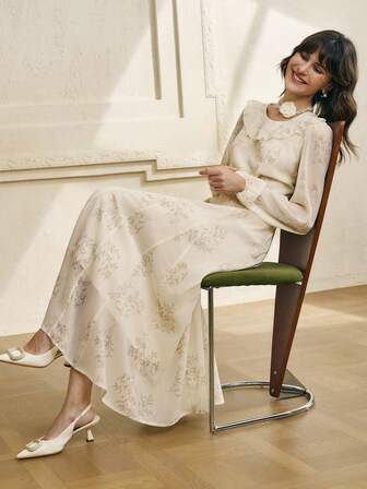 Cévolie 女士新款秋季法式印花浪漫荷叶边领收腰长裙