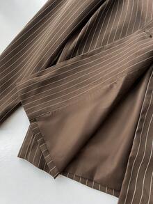 Elamini 女士优雅套装，休闲棕色条纹西装外套搭配同色系棕色条纹迷你裙两件套，适合秋冬季日常穿着。 - 彩色 - 查看 8