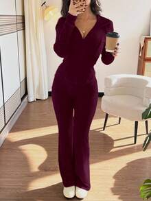 SHEIN PETITE 2 件套女式休闲连帽运动衫，带口袋和罗纹喇叭裤套装，适合日常穿着，秋冬 - 中紫紅色 - 查看 5