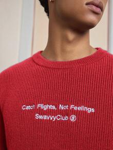 SWAVVY Men's Casual Letter Embroidered Crew Neck Sweater, Long Sleeve, Autumn/Winter