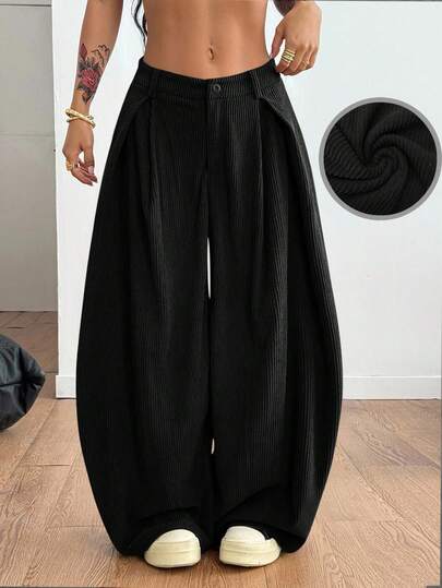 Coolane 女士夏季秋季四季皆宜复古休闲街头风超大款绿色弧形裤脚灯芯绒卡其色工装裤