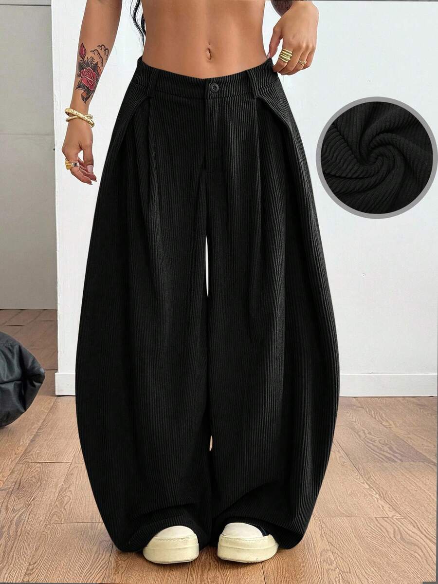 Coolane Quần ống rộng màu xanh lá cây viền cong, quần kaki nhung kẻ, quần túi hộp, quần dài nữ ... - màu đen - Xem 1