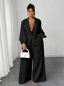 Maweii 大码女式纯色翻领灯笼袖单扣衬衫和阔腿裤休闲两件套 - 黑色 - 查看 1