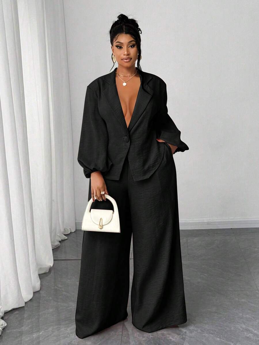 Maweii 大码女式纯色翻领灯笼袖单扣衬衫和阔腿裤休闲两件套 - 黑色 - 查看 1