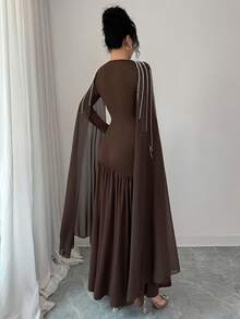 Seusyu 优雅女士长款咖啡色椭圆领串珠袖连衣裙，适合冬季外出穿着 - 咖啡 - 查看 2