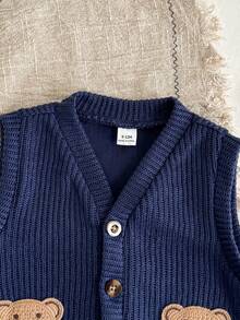 SHEIN 男士休闲可爱小熊图案针织背心外套，舒适百搭，适合秋冬季外出穿着