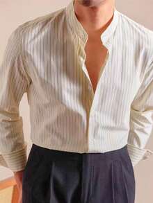 男士条纹长袖单排扣休闲/商务衬衫 - 彩色 - 查看 1