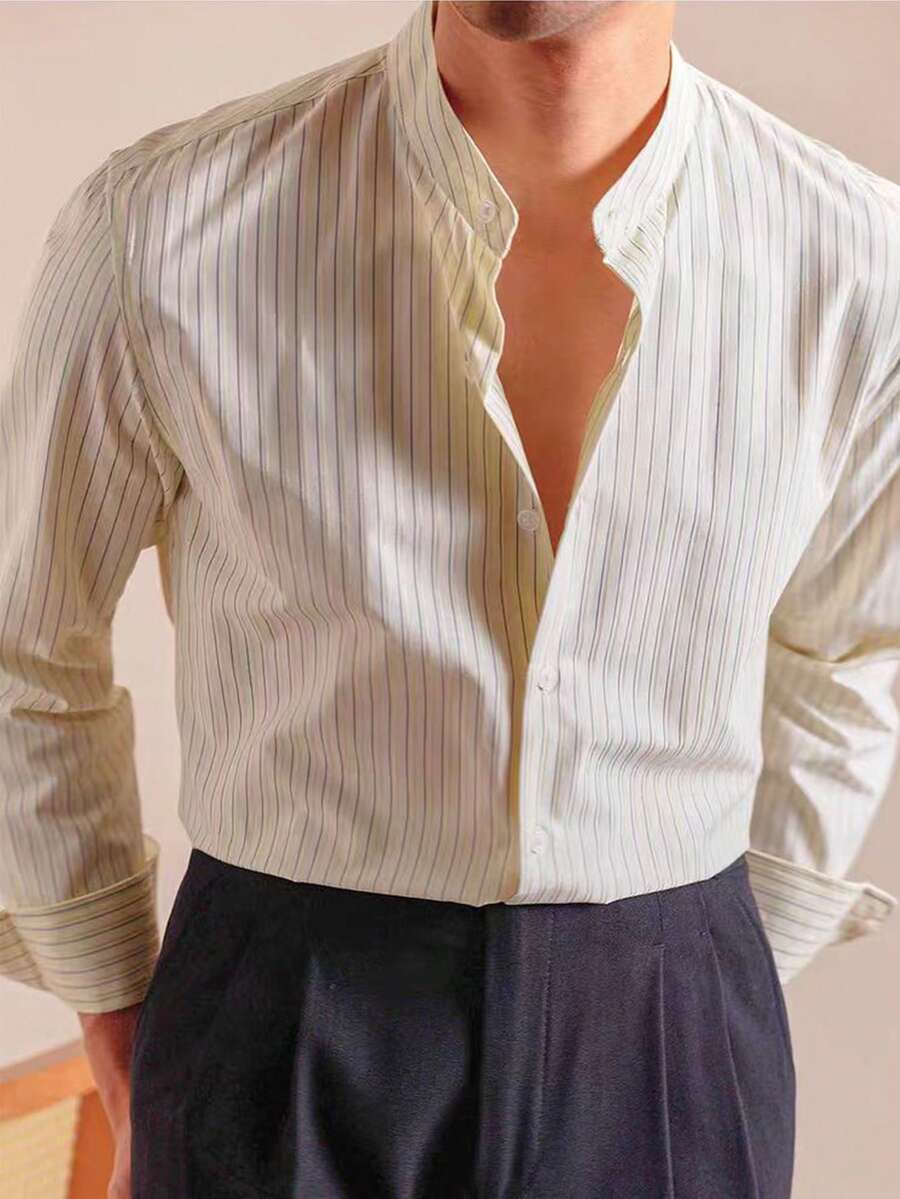 男士条纹长袖单排扣休闲/商务衬衫 - 彩色 - 查看 1
