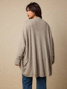 Elaquor Plus Size Casual Minimalist All-Match Versatile Loose Ribbed Knit Cardigan Sweater/Winter - Apricot - View 2