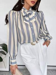 Firerie Women's Loose Front Button Tie Collar Long Sleeve Casual Shirt - Blue and White - View 1