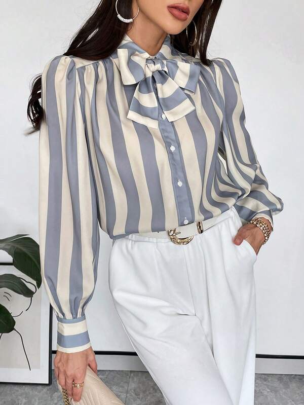 Firerie Camisa casual de mujer de manga larga con cuello de corbata y botones delanteros sueltos