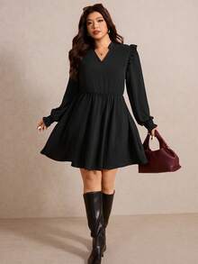 Elaquor Plus Size Elegant Minimalist Ruffle Patchwork Black Dress For Women, All Season - Black - View 1