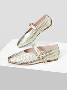 MOTF Zapatos planos tipo Mary Jane con textura trenzada de color champán y hebilla ajustable, zapatos de primavera - Dorado - Ver 9