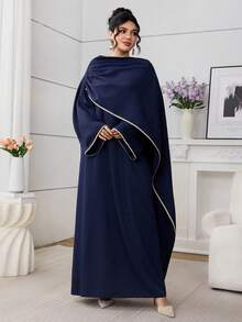 Al Najma Women's Elegant Minimalist Poncho Design Loose A-Line Arabic Style Dress - Navy Blue - View 6