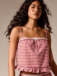AiiRZ Gingham Christmas Pajama Set For Women Ruffle Hem Cami Top Shorts Sleepwear Loungewear Summer Nightwear - Multicolor - View 6