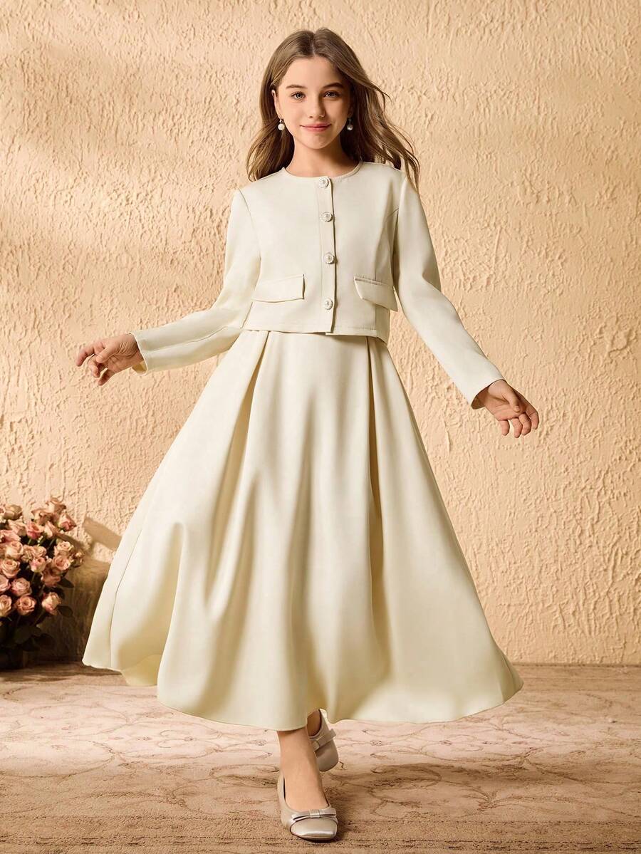 女童优雅简约时尚圆领插肩袖短款外套，配有仿口袋和珍珠纽扣，搭配高腰纯色长裙套装，秋冬款