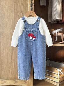 Vintaside Kids 女婴无袖时尚简约西式毛巾绣水洗牛仔连体裤，舒适透气，适合露营和居家穿着，秋季必备。 - 中等水洗藍 - 查看 7