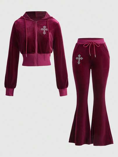 Goth Y2K Rhinestone Cross Zip-Up Hoodie & Flare Pants Set, Casual Velvet Bowknot Drawstring Tracksuit For Women, Loose Fit Black