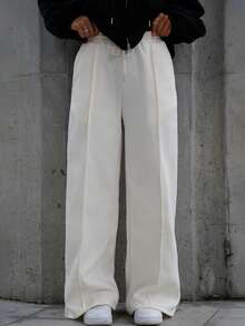 SAYEHFBABY Pin-Tuck Detail Wide Leg Sweatpants Spring Vacation Airport, Casual Fall, Autumn, Winter, Back To School Christmas - Beige - View 3