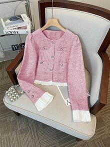 GlowEve 女士单排扣圆领长袖外套和中长裙优雅两件套 - 粉色 - 查看 3