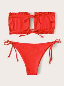SHEIN Swim Set de bikini sexy de 2 piezas para mujer con parte superior sin tirantes reversible y Bottom con tiras en la espalda y pierna alta - Rojo - Ver 2