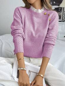 EMERY ROSE Áo len cổ tròn rộng rãi họa tiết hoa mới dành cho nữ - Màu tím - Xem 6