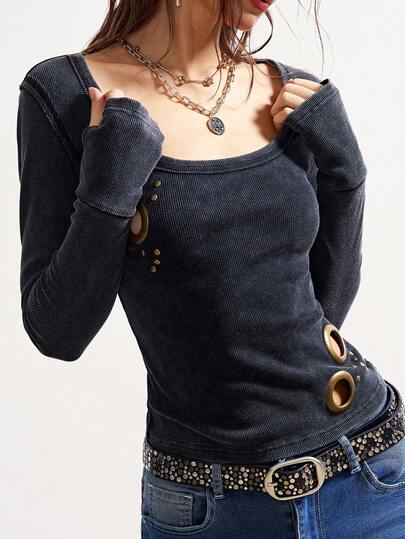 Bohemela Camiseta de mujer de manga larga, ajustada, de punto de unicolor, con ojales y remaches metálicos, en estilo retro, casual, para Navidad, Año Nuevo, San Valentín y festivales de música, con estilo bohemio y Y2K