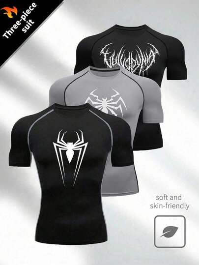 Manfinity Sport Corelite Camiseta deportiva de manga corta y cuello redondo con estampado de araña para hombres, ropa de verano para entrenamiento, camisetas y tirantes para correr, tops de gimnasio, camiseta de compresión transpirable y ajustada de cuello de tripulación para hombres