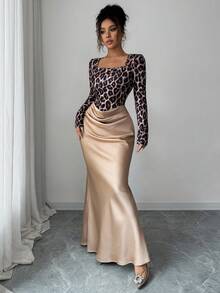 Elenzga 豹纹领长袖腰部收紧紧身缎面和粗花呢拼布二合一褶皱优雅法式通勤长裙 - 卡其色 - 查看 4