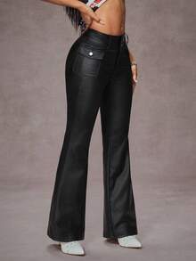 Jeanoix 女士纯色口袋PU皮革喇叭裤 - 黑色 - 查看 6